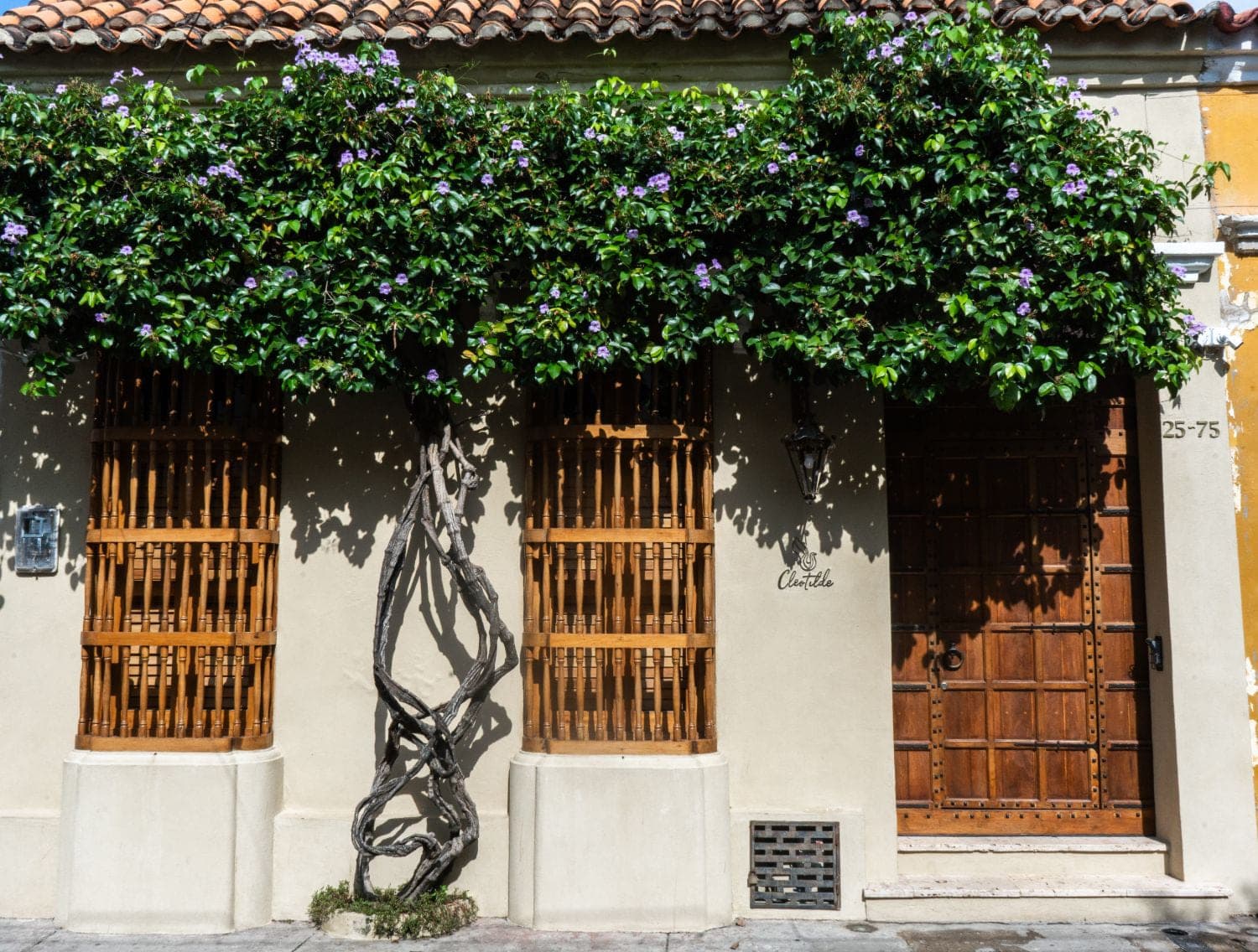 Fachada de la casa vista de frente: dos ventanas de madera torneada, la puerta colonial y la enredadera en flor sobre el alero